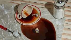 mexican skulls cufflinks depicted in a cup with spilled coffee